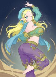  1girl absurdres arabian_clothes arm_guards arm_up armlet bare_shoulders blonde_hair bogmire64 bridal_gauntlets closed_mouth commentary_request desert_voe_set_(zelda) detached_sleeves gem gerudo gerudo_set_(zelda) green_eyes green_headband hand_on_own_hip harem_pants headband highres jewelry long_hair one_eye_closed pants pointy_ears princess_zelda purple_pants red_gem sidelocks standing standing_on_one_leg the_legend_of_zelda the_legend_of_zelda:_breath_of_the_wild 