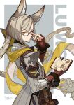  1boy adjusting_eyewear animal_ears asymmetrical_bangs asymmetrical_eyewear belt_pouch black_shirt blonde_hair blunt_ends bob_cut book border braid brown_gloves cape character_name closed_mouth coat cowboy_shot diagonal_bangs erune fingerless_gloves frilled_sleeves frills from_side glasses gloves granblue_fantasy grey_background heterochromatic_eyewear highres holding holding_book inverted_bob long_hair looking_at_viewer looking_to_the_side lu_woh_(granblue_fantasy) male_focus open_book outside_border pants pouch sennohajime shirt signature silver_trim single_braid sleeve_cuffs solo striped striped_coat striped_pants v-shaped_eyebrows vertical-striped_coat vertical-striped_pants vertical_stripes very_long_hair white_border white_coat white_pants yellow_cape yellow_eyes 