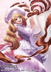  1girl apron baking blunt_bangs blush brown_hair charlotte_pudding chef_hat chocolate commentary_request copyright_logo copyright_name copyright_notice drill_hair earrings feet_out_of_frame food from_side hat jewelry logo looking_at_viewer official_art one_piece one_piece_card_game open_mouth rokushiro_koushi solo sparkle teeth twintails upper_teeth_only whipped_cream 