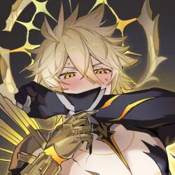  1boy antenna_hair armor black_background black_bodysuit blonde_hair blush bodysuit clenched_hand commentary covering_own_mouth cracked_skin diamond-shaped_pupils diamond_(shape) embarrassed gauntlets gradient_background hair_between_eyes halo halo_behind_head hands_up honkai:_star_rail honkai_(series) long_hair_between_eyes looking_down male_focus muscular muscular_male pauldrons pectorals phainon_(honkai:_star_rail) phainon_(khaslana)_(honkai:_star_rail) short_hair shoulder_armor simple_background single_gauntlet single_pauldron solo sweat symbol-shaped_pupils taosheng two-tone_background untranslatable_commentary upper_body v-shaped_eyebrows yellow_background yellow_eyes yellow_halo 