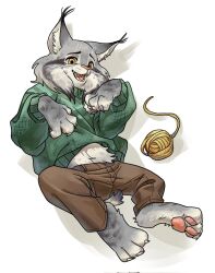  1boy animal_ears barefoot brown_pants cat_boy cat_ears cat_tail claws commentary fangs furry furry_male green_sweater highres looking_at_viewer male_focus open_mouth pants pawbert_lynxley pawpads ramakun_n sweater tail whiskers white_background yarn yarn_ball zootopia zootopia_2 