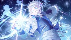  1boy absurdres anniversary belt black_gloves black_shirt blue_eyes character_name choker cowboy_shot curled_fingers curtained_hair dreonya earrings ensemble_stars! fang fingerless_gloves gloves grin hand_up head_tilt highres holding jacket jewelry light_rays long_sleeves looking_at_viewer male_focus multicolored_hair one_eye_closed pants parted_bangs shirt side_part silhouette sky smile sparkle star_(sky) streaked_hair taki_ibuki white_belt white_hair white_jacket white_pants 