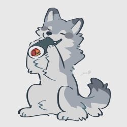  absurdres animal_focus closed_mouth commentary eating fangs food grey_background highres makizushi no_humans original rinrinwolf signature simple_background sushi wolf 