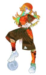 absurdres ball black_shorts colored_inner_hair commentary crop_top fingernails full_body green_hair highres hololive hololive_english long_hair looking_ahead multicolored_hair navel orange_hair orange_shirt orange_socks pungson_mori sharp_fingernails shirt shoes shorts simple_background soccer_ball soccer_uniform socks sportswear standing stomach takanashi_kiara untranslatable_commentary violet_eyes white_background white_shoes 