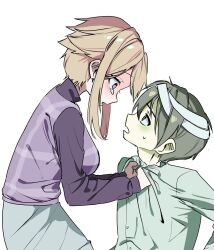  1boy 1girl alternate_breast_size_(larger) aojiru_(yume_2kki) bandaged_head bandages black_sweater blonde_hair commentary_request eye_contact green_eyes green_hair grey_skirt hair_flaps highres lim_(10000_us) looking_at_another plaid_clothes plaid_sweater_vest plaid_vest purple_sweater_vest purple_vest short_hair_with_long_locks sidelocks simple_background skirt sweater sweater_vest tearing_up turtleneck turtleneck_sweater urotsuki vest violet_eyes white_background yume_2kki 