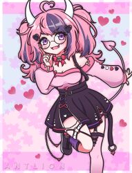  1girl absurdres ahoge ant_(db_antlion) bell black_skirt commentary demon_girl demon_horns demon_tail english_commentary glasses heart heart_ahoge high-waist_skirt highres horns ironmouse ironmouse_(1st_costume) looking_at_viewer multicolored_hair neck_bell off_shoulder open_mouth pink_hair pink_sweater purple_hair skirt smile solo standing standing_on_one_leg streaked_hair sweater tail thigh-highs violet_eyes virtual_youtuber vshojo white_horns 