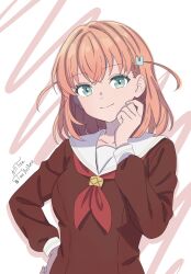  1girl absurdres aqua_eyes brown_dress closed_mouth commentary_request dress hair_ornament hasu_no_sora_school_uniform highres hinoshita_kaho long_sleeves looking_at_viewer love_live! love_live!_hasu_no_sora_jogakuin_school_idol_club medium_hair neckerchief orange_hair rabbit_hair_ornament red_neckerchief sailor_collar sailor_dress school_uniform signature smile solo taedelame twitter_username two_side_up upper_body virtual_youtuber white_sailor_collar winter_uniform 
