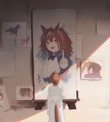  1girl absurdres agnes_tachyon_(casual)_(umamusume) agnes_tachyon_(racehorse) agnes_tachyon_(tach-nology)_(umamusume) agnes_tachyon_(umamusume) ahoge animal_ears blue_bow bow breasts brown_hair center_frills coat commentary daiwa_scarlet_(peak_blue)_(umamusume) daiwa_scarlet_(racehorse) daiwa_scarlet_(umamusume) english_commentary epaulettes fang frills hair_between_eyes hair_intakes highres horse horse_ears horse_girl horse_tail hug hug_from_behind index_finger_raised lab_coat long_hair long_sleeves nnnnnanashiiii open_mouth painting_(object) purple_sweater real_life red_eyes shirt sleeves_past_fingers sleeves_past_wrists smile sweater tail tiara twintails umamusume umamusume_horse_relations very_long_hair white_coat white_shirt 
