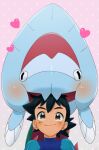  1boy affectionate ash_ketchum biting black_hair blush bodysuit brown_eyes closed_mouth commentary_request covered_collarbone dracovish gradient_background head_biting heart highres male_focus pink_background pokemon pokemon_(anime) pokemon_(creature) pokemon_journeys rei_hinketsu short_hair smile wetsuit 