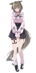  1girl absurdres alternate_costume animal_ears black_choker black_shoes black_skirt blue_eyes blush bow breasts brown_hair cheval_grand_(umamusume) choker commentary_request flying_sweatdrops full_body hair_between_eyes highres horse_ears horse_girl horse_tail jirai_kei long_sleeves looking_at_viewer medium_breasts multicolored_hair o-ring o-ring_thigh_strap pandoa_(mikage0495) pink_shirt pink_socks shirt shoes short_hair_with_long_locks simple_background skirt socks solo streaked_hair tail thigh_strap umamusume white_background white_hair 