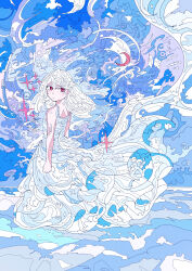  1girl absurdres bare_shoulders blue_sky clouds commentary crescent_moon dress english_commentary flower from_behind full_body hato_(n_hat_mu) highres ligne_claire limited_palette long_hair looking_at_viewer looking_back moon original red_eyes sky sleeveless sleeveless_dress solo waves white_dress white_hair 