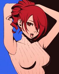  1girl adjusting_hair armpits arms_up bare_shoulders black_background blue_background breasts commentary drill_hair drill_ponytail hair_over_one_eye hair_tie_in_mouth kirijou_mitsuru long_hair looking_at_viewer medium_breasts moshimoshibe mouth_hold persona persona_3 ponytail red_eyes red_hair red_lips sweater turtleneck turtleneck_sweater two-tone_background white_sweater 
