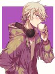  1boy akai_higasa alternate_costume baozi blonde_hair blue_eyes blush border collared_shirt contemporary drawstring eating food fur-trimmed_jacket fur_trim hair_between_eyes hair_ornament hairclip hand_in_pocket headphones headphones_around_neck highres holding holding_food hood hooded_jacket jacket kai_von_granzreich looking_at_viewer low_ponytail male_focus open_clothes open_jacket oushitsu_kyoushi_heine outside_border pink_shirt pink_sweater plaid plaid_shirt purple_jacket shirt short_hair short_ponytail simple_background solo sweater upper_body white_border 