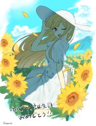  1girl blonde_hair brown_eyes cho_kaguya-hime! clouds commentary day dress flower hat highres kaguya_(cho_kaguya-hime!) long_hair marucho_(nagamemaru) one_eye_closed open_mouth outdoors short_sleeves solo sun_hat sunflower translated white_dress white_hat 