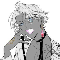  1boy absurdres ahoge bishounen black_nails blue_eyes choker coat collarbone colored_mouth colored_sclera colored_skin commentary_request curtained_hair dark-skinned_male dark_skin earrings facial_mark facial_tattoo fate/grand_order fate_(series) gem glowing_tongue grey_sclera grey_skin greyscale hand_on_own_face hand_tattoo hand_up head_tilt highres indra_(celebratory_attire)_(fate) indra_(fate) jacket jewelry kokowashadowmidori lapels leash lightning_bolt_facial_mark lightning_bolt_symbol long_sleeves looking_at_viewer makeup male_focus monochrome open_clothes open_jacket open_mouth parted_bangs red_gem ring shirt short_hair simple_background solo spot_color sun_symbol tattoo teeth upper_body watermark white_background white_hair white_jacket 