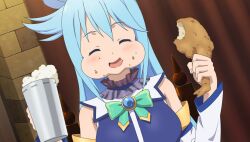  1girl :t alcohol aqua_(konosuba) bare_shoulders beer beer_mug blue_choker blue_gem blue_hair blue_shirt blush bow bowtie brick_wall brooch chicken_(food) choker closed_eyes crumbs cup curtains detached_sleeves dutch_angle eating food food_on_face fried_chicken frilled_choker frills game_asset gem green_bow green_bowtie hair_rings highres holding holding_cup holding_food indoors jewelry kono_subarashii_sekai_ni_shukufuku_wo! kono_subarashii_sekai_ni_shukufuku_wo!_kono_yokubukai_game_ni_shinpan_o! long_hair mug non-web_source official_art open_mouth puffy_cheeks self-datamine shirt single_hair_ring sleeveless sleeveless_shirt smile solo upper_body white_sleeves 