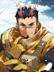  1boy black_hair closed_mouth coat facial_hair fire forked_eyebrows gloves goatee highres male_focus nizitaro outdoors scar scar_on_face scar_on_nose smile solo tokyo_afterschool_summoners violet_eyes yellow_coat yellow_gloves yoritomo_(housamo) 