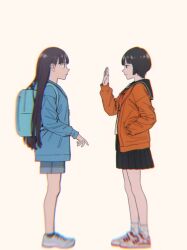  2girls absurdres backpack bag black_hair black_sailor_collar black_skirt black_socks blue_bag blue_jacket character_request closed_mouth face-to-face from_side hand_up higashiyama_shou highres jacket kisaki_an_(undark:_atarashii_toumei_na_chikara_no_subete) long_hair long_sleeves looking_at_another multiple_girls neckerchief orange_serafuku parted_lips pleated_skirt sailor_collar school_uniform serafuku shoes short_hair shorts simple_background skirt sneakers socks undark:_atarashii_toumei_na_chikara_no_subete waving white_background white_socks 