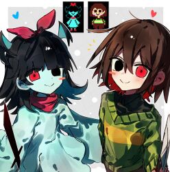  1girl 1other androgynous aqua_(deltarune) aqua_dress aqua_skin black_eyes black_hair brown_hair chara_(undertale) colored_inner_hair colored_skin commentary_request cyan_soul_(utdr) deltarune dress green_sweater hair_wings head_bow highres holding holding_knife hollow_eyes knife looking_at_viewer multicolored_hair red_eyes red_scarf red_soul_(utdr) reference_inset scarf simple_background smile soul_(utdr) striped_clothes striped_sweater sweater two-tone_sweater undertale utdr_(toby_fox) youzuki_rie 