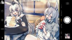  +_+ 2girls ahoge alternate_costume animal_ears black_shirt blue_eyes blush brown_shorts closed_eyes commentary_request cup fake_phone_screenshot fake_screenshot food fork grey_hair hair_between_eyes highres holding holding_cup holding_fork horse_ears horse_girl horse_tail long_hair long_sleeves multicolored_hair multiple_girls obaa-chan_(golden_retriever) oguri_cap_(umamusume) open_mouth pancake pancake_stack pants shirt shorts smile striped_clothes striped_shirt tail tamamo_cross_(umamusume) teeth umamusume 