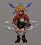  1boy arm_tattoo black_footwear blonde_hair blunt_bangs candy commentary creature drawn_wings earrings food full_body grey_background grey_eyes grey_socks jewelry lollipop looking_at_viewer mouth_hold original oshio_(shioqqq) own_hands_together red_shirt ribbed_socks shirt shoes short_hair short_sleeves shorts simple_background sitting socks solo symbol-only_commentary t-shirt tattoo 