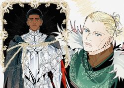  2boys 308albi armor black_hair blonde_hair blue_eyes cape closed_mouth commentary dark-skinned_male dark_skin erling_haaland hair_bun jude_bellingham knight male_focus multiple_boys real_life turtleneck untranslatable_commentary 