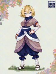  1girl arm_warmers artist_name black_sandals blonde_hair blue_pants breasts brown_dress closed_mouth commentary_request dress fingernails flower full_body grass green_eyes green_nails hair_intakes hand_on_own_hip highres looking_at_viewer medium_breasts mizuhashi_parsee pants pink_flower pointy_ears sandals short_hair short_sleeves smile socks solo standing tabi tomekami touhou white_socks 