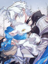  1boy animal armor bare_tree black_choker black_shirt blue_scarf choker closed_mouth collared_shirt colored_eyelashes commentary_request goat hair_behind_ear high_collar highres holding holding_animal honkai:_star_rail honkai_(series) horizontal_pupils long_sleeves male_focus neck_tattoo outdoors pauldrons phainon_(honkai:_star_rail) rongyuan_gulu scarf shirt short_hair shoulder_armor sky smile snow snowing sun_symbol sun_tattoo tattoo tree upper_body watermark white_hair 