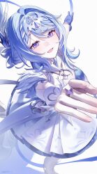  1girl arm_up asymmetrical_gloves asymmetrical_sidelocks ballerina blue_gloves blue_hair breasts bridal_gauntlets commentary dated dress from_above genshin_impact gloves hair_bun hair_intakes highres jewelry looking_up mismatched_gloves odette_(genshin_impact) open_mouth pantyhose ring sidelocks silver_tiara small_breasts solo standing violet_eyes white_bridal_gauntlets white_dress white_pantyhose yukiusagi_(snowrabbit0508) 
