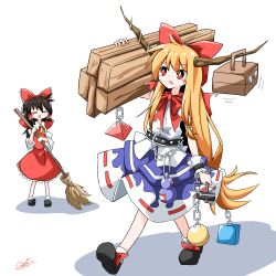  2girls :o ahoge belt black_belt black_shoes blue_skirt bow broom brown_hair carrying chain cleaning commentary_request contrast_collar cube detached_sleeves dress fang frilled_bow frilled_skirt frilled_wristband frills full_body generalcanon gourd hair_between_eyes hair_bow hakurei_reimu hammer hand_up highres holding holding_broom holding_hammer ibuki_suika japanese_clothes light_blush long_hair looking_to_the_side low-tied_long_hair low-tied_sidelocks miko multiple_girls orange_hair orb pyramid_(geometry) red_bow red_dress red_eyes shirt shoes sidelocks simple_background skin_fang skirt sleeveless sleeveless_dress sleeveless_shirt socks standing toolbox touhou two-tone_skirt very_long_hair walking white_background white_shirt white_skirt white_sleeves white_socks wide_sleeves 