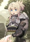  1girl :d armor blonde_hair blue_eyes blurry blurry_background blurry_foreground breastplate commentary day gloves goddess_of_victory:_nikke grey_jacket hair_between_eyes highres jacket jewelry logo long_hair long_sleeves looking_at_viewer military military_uniform necklace open_mouth outdoors pinne_(nikke) pouch pov pov_hands reaching_towards_viewer sawasa short_ponytail shotgun_shell shoulder_armor sidelocks signature smile solo_focus standing teeth uniform upper_teeth_only 