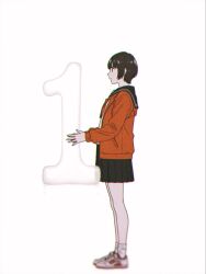  1girl absurdres black_sailor_collar black_skirt character_request commentary_request from_side full_body higashiyama_shou highres holding jacket orange_jacket pleated_skirt sailor_collar school_uniform shoes simple_background skirt sneakers socks solo standing undark:_atarashii_toumei_na_chikara_no_subete white_background white_socks 