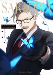  1boy absurdres animal black-framed_eyewear black_gloves black_jacket black_vest blue_eyes blurry blurry_foreground bug butterfly choco_(chocovix112) collared_shirt comiket_108 commentary_request cover cover_page depth_of_field facial_hair fate/grand_order fate_(series) glasses gloves gradient_background grey_background grey_hair highres jacket james_moriarty_(archer)_(fate) male_focus mustache necktie pinstripe_jacket pinstripe_pattern pinstripe_vest red_necktie shirt solo thick_eyebrows upper_body v-shaped_eyebrows vest white_background white_shirt 