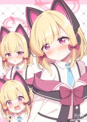  1girl animal_ear_headphones animal_ears blonde_hair blue_archive blue_necktie blush bow cat_ear_headphones cat_ears commentary_request embarrassed fake_animal_ears hair_bow halo headphones highres jacket kyado_(amaterasu) looking_at_viewer medium_hair momoi_(blue_archive) multiple_views necktie open_clothes open_jacket open_mouth pink_eyes pink_halo red_bow shirt sidelocks upper_body wavy_mouth white_jacket white_shirt 
