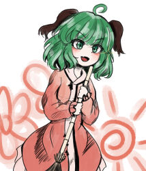  1girl absurdres ahoge animal_ears ayang bamboo_broom broom brown_dress commentary dress fang green_eyes green_hair highres holding holding_broom kasodani_kyouko long_sleeves open_mouth short_hair skin_fang solo touhou white_background 
