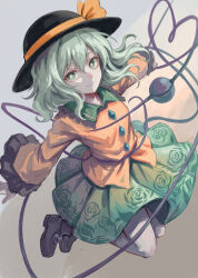  1girl absurdres black_boots black_hat black_socks boots bright_pupils buttons closed_mouth collared_shirt commentary_request diamond_button disembodied_linked_eye empty_eyes floral_print flying frills full_body green_eyes green_hair green_skirt grey_background hair_between_eyes hat hat_ribbon heart heart_of_string highres komeiji_koishi long_sleeves looking_at_viewer orange_ribbon orange_shirt ribbon rose_print shirt short_hair simple_background skirt smile socks solo touhou user_ardu5834 wavy_hair white_pupils wide_sleeves 
