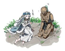  1boy 1girl ? armor barefoot bee_n_k_t blue_cape blue_eyes braid cape choker commentary_request covered_eyes doll_joints dress elden_ring elden_ring_nightreign executor_(elden_ring) facing_viewer flower_wreath full_body gold_trim grass head_wreath helmet helmet_over_eyes jewelry joints kneeling low_twin_braids motion_lines parted_bangs pointing revenant_(elden_ring) samurai three-quarter_sleeves twin_braids twitter_username upper_body veil white_background white_choker white_dress white_hair white_veil white_wrist_cuffs wide_sleeves wrist_cuffs 