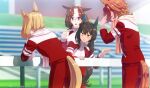  4girls admire_vega_(umamusume) ahoge animal_ears blonde_hair blurry blurry_background brown_hair cup dated day flying_sweatdrops hairband hand_on_own_forehead holding holding_cup holding_towel horse_ears horse_girl horse_tail jacket long_hair long_sleeves looking_at_another meisho_doto_(umamusume) multicolored_hair multiple_girls narita_top_road_(umamusume) open_clothes open_jacket open_mouth outdoors pants pink_eyes red_pants short_hair standing sweat t.m._opera_o_(umamusume) tail tail_through_clothes takuzui towel twitter_username two-tone_hair umamusume violet_eyes 