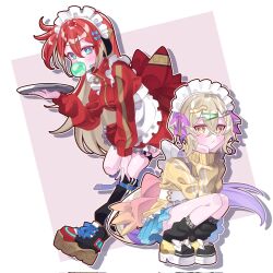  2girls blowing_bubble_gum blue_bow blue_eyes blue_skirt blush bow chewing_gum closed_mouth commentary_request dina_(duel_masters) dress duel_masters duel_masters_play's hair_between_eyes hair_bow hair_ornament hand_on_own_knee hands_on_own_cheeks hands_on_own_face headset highres holding holding_tray jacket kahukaubg looking_at_viewer loose_socks low_ponytail lumiere_(duel_masters) maid_headdress multicolored_hair multiple_girls one_side_up orange_eyes ponytail purple_hair red_dress red_hair shirt skirt socks tray white_hair white_shirt yellow_jacket 