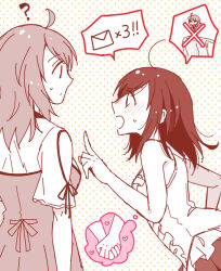  2girls ? aglio ahoge arm_at_side blush breasts center_frills chibi cliff closed_mouth clothing_cutout commentary_request envelope eye_contact fatal_frame fatal_frame:_maiden_of_black_water frills from_side hand_on_own_hip hand_up heart hinasaki_miu holding_hands implied_yuri index_finger_raised kozukata_yuuri leaning_forward long_hair looking_at_another medium_breasts monochrome multiple_girls nose_blush open_mouth polka_dot polka_dot_background profile shirt short_sleeves shoulder_cutout skirt sleeve_ribbon sleeveless sleeveless_shirt speech_bubble spoken_character spoken_object spot_color standing strapless strapless_shirt sweatdrop thought_bubble upper_body white_background x_mark 