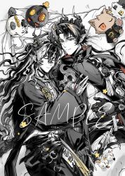  2boys 8hkym2qcxv4mjt1 arknights brothers chinese_commentary chongyue_(arknights) closed_eyes closed_mouth commentary_request dragon_boy dragon_horns highres horns hug looking_at_another lying male_focus multiple_boys on_back partially_colored pointy_ears sample_watermark siblings sleeping smile wang_(arknights) watermark 