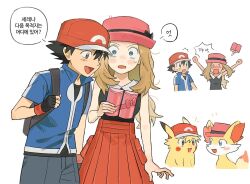  arms_up ash_ketchum backpack bag baseball_cap black_gloves black_hair blonde_hair blue_eyes blush bow brown_hair dual_persona fennekin fingerless_gloves full-face_blush gloves hat hat_bow jacket jungeol_(p_oxo7) korean_text monsterification open_mouth pikachu pink_hat pleated_skirt pokemon pokemon_(anime) pokemon_(creature) pokemon_the_series:_xy red_hat red_skirt serena_(pokemon) short-sleeved_jacket short_sleeves skirt skirt_pocket smile surprised sweatdrop translation_request 