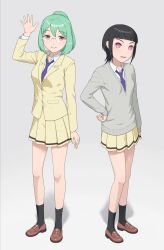  2girls absurdres arm_up black_hair black_socks blazer blunt_bangs breasts brown_eyes brown_shoes buttons collared_shirt commentary_request glasses green_hair grey-framed_eyewear grey_background grey_sweater grin hand_on_own_hip happy highres ichikawa_masahiro jacket kayo_(watamote) loafers long_sleeves medium_hair miniskirt multiple_girls necktie no_pupils ootonari_nagi open_mouth paid_reward_available pink_eyes pleated_skirt ponytail purple_necktie school_uniform shirt shoes short_hair side-by-side sidelocks simple_background skirt smile socks standing sweater watashi_ga_motenai_no_wa_dou_kangaetemo_omaera_ga_warui! white_shirt yellow_jacket yellow_skirt 