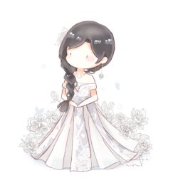  1girl bare_arms bead_necklace beads black_eyes blue_butterfly blush_stickers brown_hair bug butterfly chibi chinese_commentary commentary_request dangle_earrings dress expressionless floral_background flower flower_necklace gleaming_vines_(shining_nikki) gown hair_flower hair_ornament hair_over_shoulder hands_on_lap interruption_(echo-023) jewelry layered_dress long_dress long_hair looking_ahead necklace nikki_(series) no_mouth off-shoulder_dress off_shoulder official_alternate_color own_hands_together pleated_dress shadow shining_nikki signature simple_background solid_oval_eyes solo standing white_background white_dress white_flower 