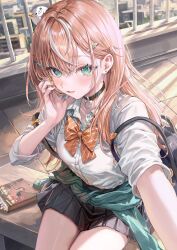  1girl absurdres bag belt_collar black_skirt book bookmark bow bowtie clothes_around_waist collar collared_shirt commentary fang gyaru hair_ornament hairclip highres igarashi_rika long_hair looking_at_viewer momoko_(momopoco) multicolored_hair nail_polish nijisanji official_artist_extra orange_bow orange_bowtie orange_hair orange_nails outdoors parted_lips school_bag school_uniform selfie shirt short_sleeves sitting skirt smile solo streaked_hair virtual_youtuber white_hair white_shirt 