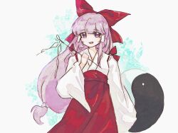  1girl bow commentary cyclic5286 english_commentary gohei hair_bow hair_tubes hakama hakurei_reimu hakurei_reimu_(pc-98) highres holding holding_gohei japanese_clothes kimono long_hair long_sleeves miko open_mouth orb pink_hair red_bow red_hakama smile solo touhou touhou_(pc-98) very_long_hair violet_eyes white_kimono wide_sleeves yin_yang yin_yang_orb 