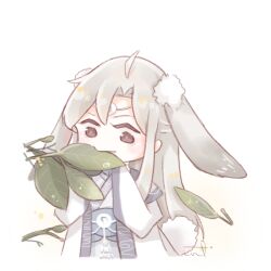  1boy ahoge animal_ears baishuo_(shining_nikki) beads blue_sash blush_stickers brown_eyes bud chibi chinese_clothes chinese_commentary circlet closed_mouth commentary_request crescent cropped_legs dew_drop eating grey_hair hair_ornament hanfu interruption_(echo-023) layered_sleeves leaf light_particles long_hair long_sidelocks long_sleeves looking_at_food lop_rabbit_ears male_focus nikki_(series) pinyin_commentary pom_pom_(clothes) pom_pom_hair_ornament rabbit_boy rabbit_ears rabbit_tail robe sash shining_nikki short_over_long_sleeves short_sleeves sidelocks signature simple_background smile solo tail very_long_hair waist_sash water_drop white_background white_hanfu white_robe wide_sleeves 