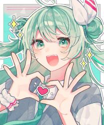  1girl :d ahoge alternate_costume aqua_background aqua_eyes aqua_hair aqua_necktie blush border dot_nose double_bun fang grey_background grey_vest hair_bun hair_ribbon hatsune_miku heart heart_hands highres looking_at_viewer mizunidoufu necktie open_mouth outline outside_border ribbon school_uniform scrunchie shirt smile solo sparkle sweater_vest teeth two_side_up upper_body upper_teeth_only vest vocaloid white_border white_outline white_ribbon white_scrunchie white_shirt wrist_scrunchie 