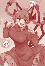  1girl animal_ears blush braid cat_ears cat_girl cat_tail commentary_request dress extra_ears frilled_dress frills greyscale hitodama kaenbyou_rin looking_at_viewer lowres monochrome multiple_tails necoyngwie open_mouth patterned_clothing pointy_ears side_braids skull solo tail touhou twin_braids two_tails 