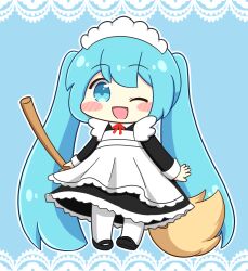  1girl :d ;d apron black_dress black_shoes blue_background blue_eyes blue_hair blush_stickers broom chibi chibi_only commentary_request double-parted_bangs dress enmaided frilled_apron frilled_dress frills full_body hatsune_miku holding holding_broom long_hair long_sleeves looking_at_viewer maid maid_headdress neck_ribbon nukotun one_eye_closed open_mouth outline pantyhose red_ribbon ribbon shoes simple_background smile solo standing twintails very_long_hair vocaloid white_apron white_outline white_pantyhose 